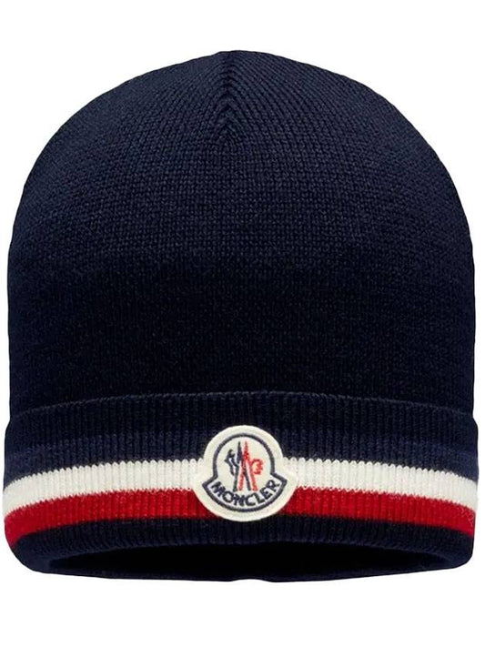 Wool Logo Beanie Navy - MONCLER - BALAAN.