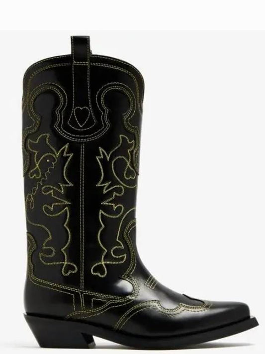 Embroidered Western Leather Middle Boots Black - GANNI - BALAAN 2