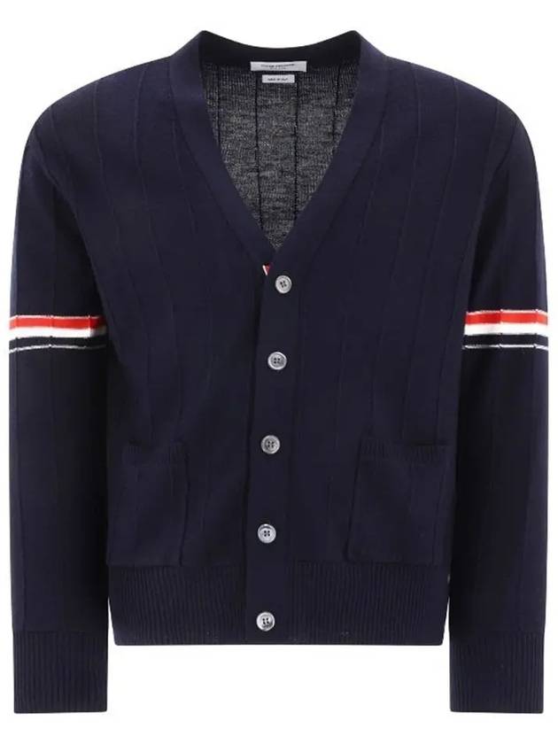 RWB V-neck Striped Virgin Wool Cardigan Navy - THOM BROWNE - BALAAN 2