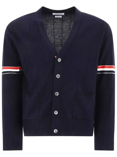 RWB V-neck Striped Virgin Wool Cardigan Navy - THOM BROWNE - BALAAN 2