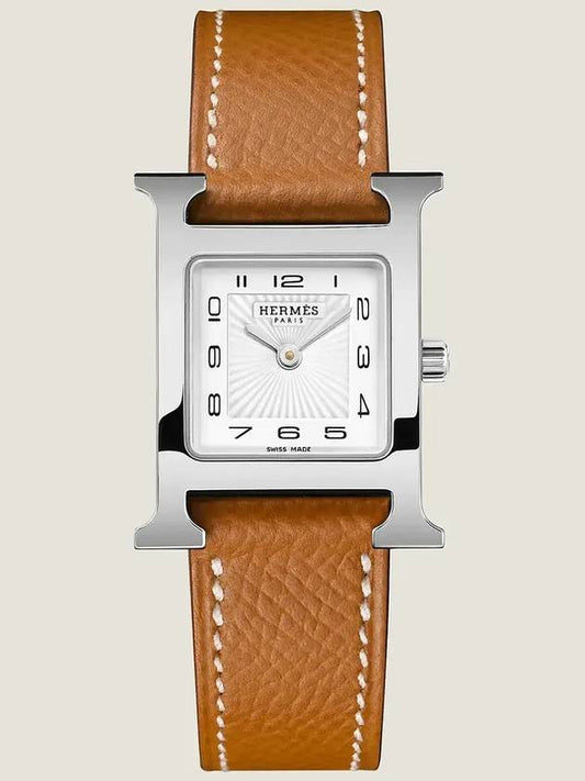 H Small Leather Watch Chestnut Silver White - HERMES - BALAAN.