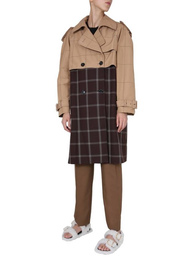 Women's Double Breasted Two-tone Check Trench Coat Brown - MARNI - BALAAN 3