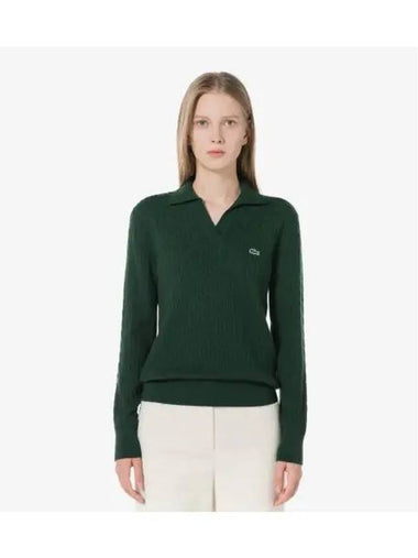 Women s Cable Open Collar Sweater Deep Green - LACOSTE - BALAAN 1