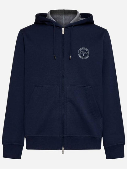 Logo Print Double Fleece Zip Up Hoodie Dark Blue - BRUNELLO CUCINELLI - BALAAN 2