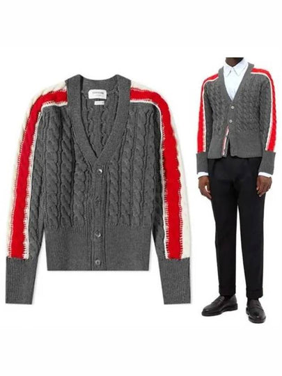 Striped Crew Cable Knit Cardigan Grey - THOM BROWNE - BALAAN 2