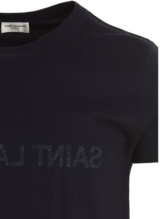 Reverse Logo Print Cotton Short Sleeve T-Shirt Navy - SAINT LAURENT - BALAAN 4