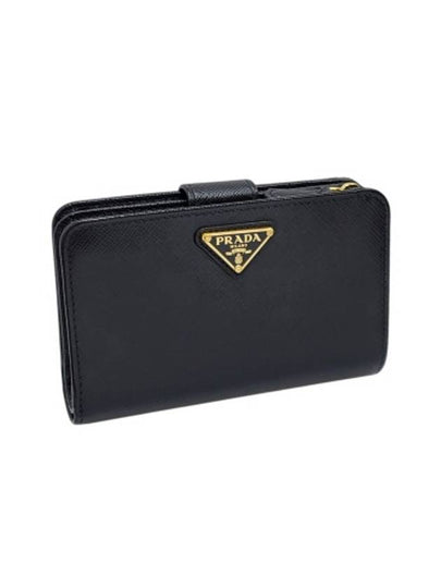 1ML225 Black Saffiano Gold Triangular Logo Zip up Medium Wallet - PRADA - BALAAN 2