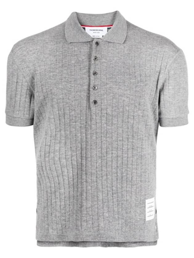 RWB Button Ribbed Polo Wool Knit Top Grey - THOM BROWNE - BALAAN 2