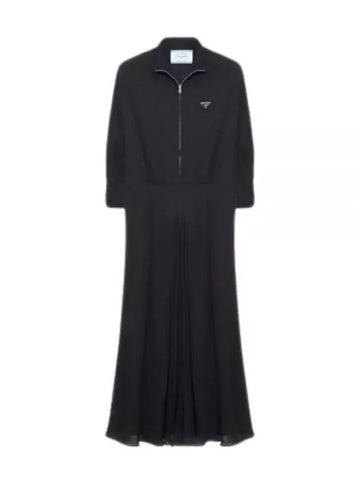 Logo Plaque Zipper Viscose Long Dress Black - PRADA - BALAAN 1