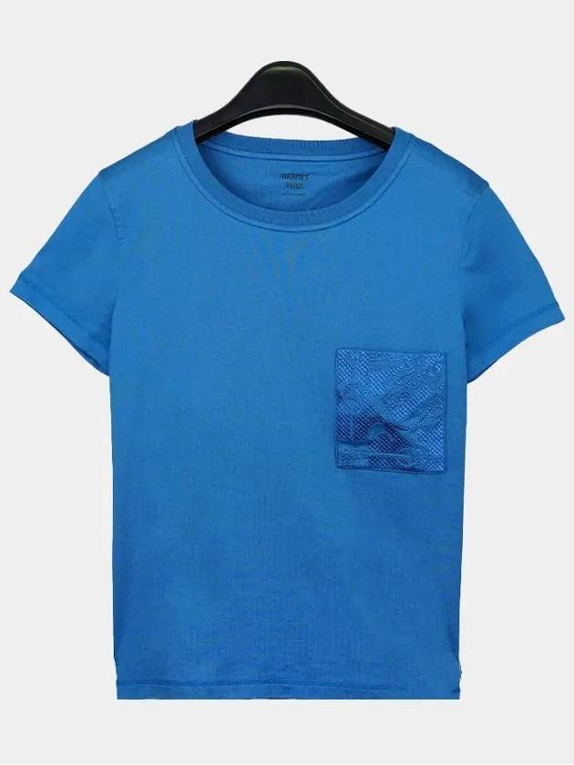 Women s Embroidered Pocket Round Short Sleeve T shirt Blue Aqua 2E4611DUU9 - HERMES - BALAAN 1