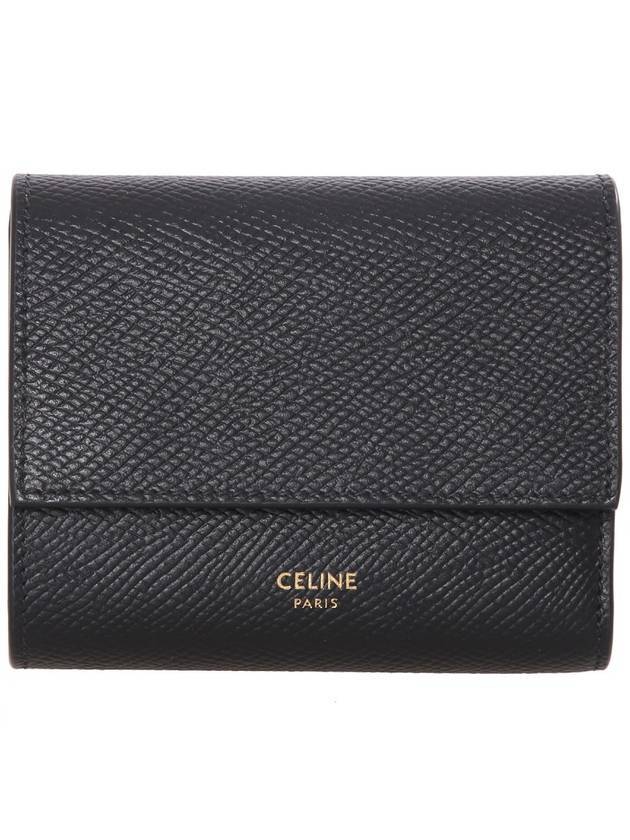 Trifold Grained Calfskin Small Half Wallet Black - CELINE - BALAAN 1