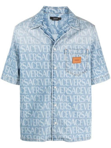 Allover Logo Denim Cotton Short Sleeve Shirt Blue - VERSACE - BALAAN 1