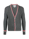 Cable Stripe Classic V-neck Merino Wool Cardigan Grey - THOM BROWNE - BALAAN 2