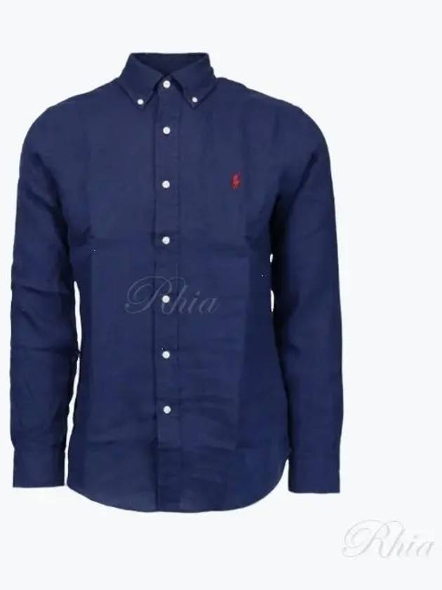 Men's Pony Embroidery Linen Oxford Long Sleeve Shirt Blue - POLO RALPH LAUREN - BALAAN 2