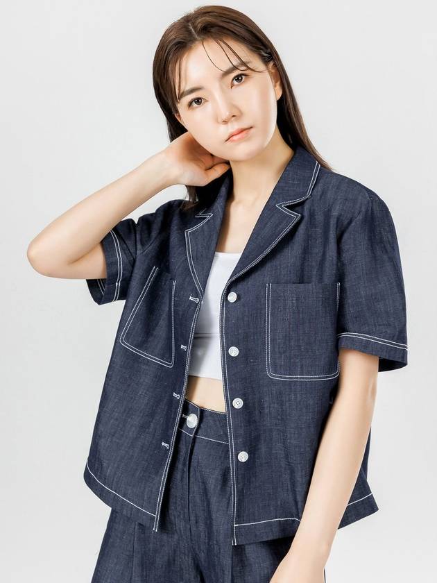 Helena Summer Linen Setup Big Pocket Stitched Denim Shirt Jacket Navy - RAMUSTUDIO - BALAAN 2