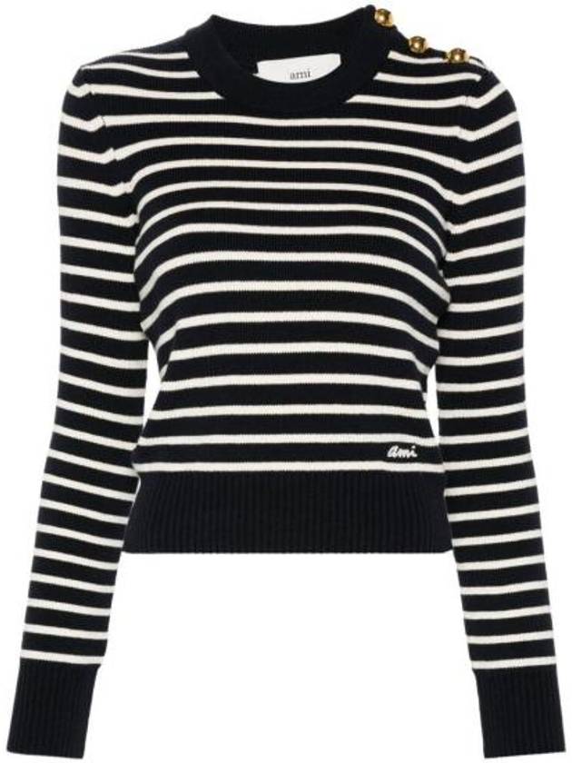 Button Detail Striped Knit Top Navy - AMI - BALAAN 2