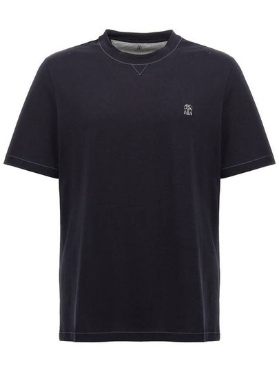 Embroidered Logo Short Sleeve T-Shirt Dark Blue - BRUNELLO CUCINELLI - BALAAN 2