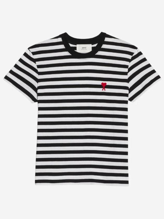 Small Heart Logo Striped Cotton Short Sleeve T-Shirt White Black - AMI - BALAAN.