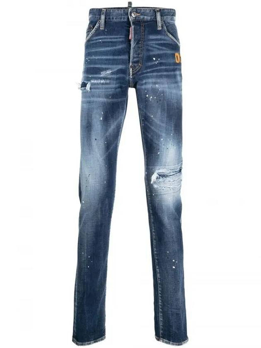 Men's Logo Embroidery Patch Straight Jeans Blue - DSQUARED2 - BALAAN.