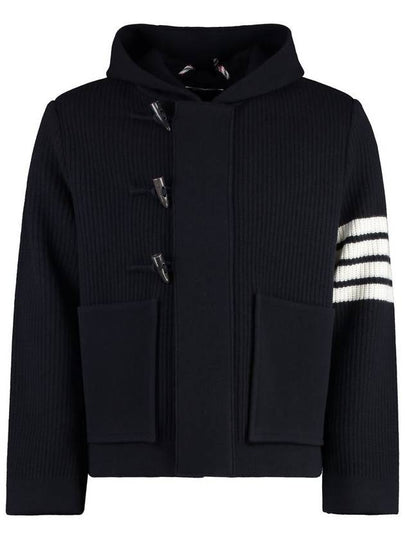 Boiled Wool Half Cardigan Stitched Hooded 4 Bar Double Jacket Navy - THOM BROWNE - BALAAN 2