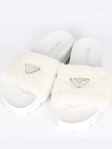 Triangle logo shearling fur slippers 36 5 235 - PRADA - BALAAN 1