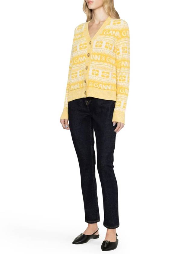 Intarsia Logo Wool V-Neck Cardigan Yellow - GANNI - BALAAN 6