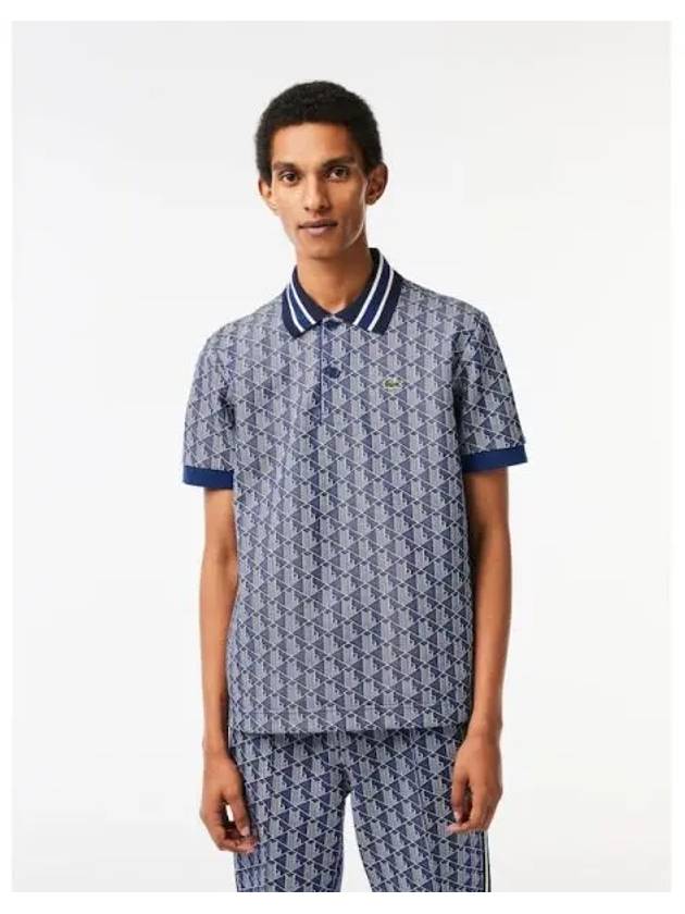 Monogram Motif Contrast Collar Classic Fit Polo Shirt Blue - LACOSTE - BALAAN 2