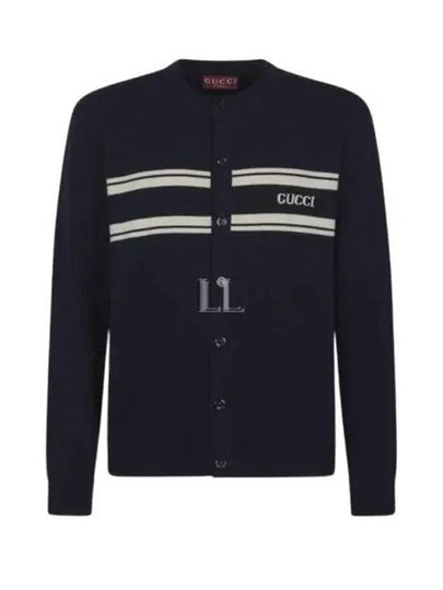 Striped Logo Crew Neck Wool Cashmere Cardigan Navy - GUCCI - BALAAN 2