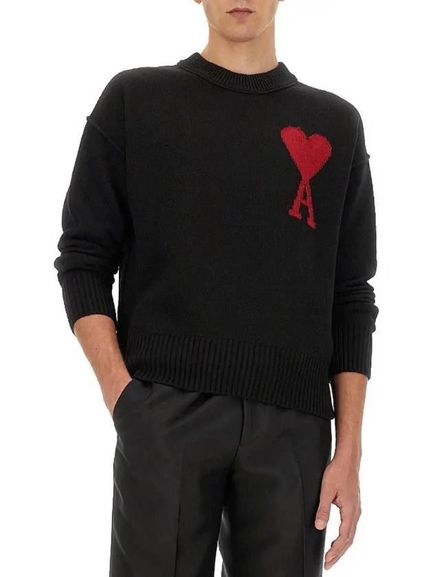 Intarsia Big Heart Logo Wool Knit Top Black - AMI - BALAAN 2