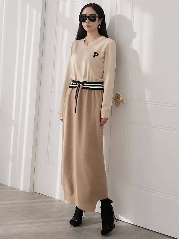 Women's P Logo Maxi Knit Long Dress Beige - PRETONE - BALAAN 1