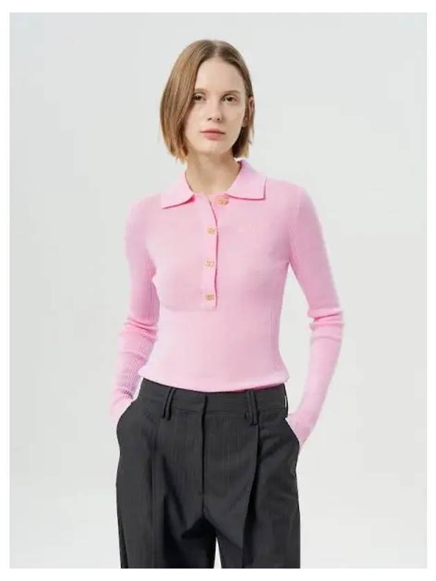 Mini pleated merino wool polo t shirt light pink domestic product GM0024090409043 - GANNI - BALAAN 1