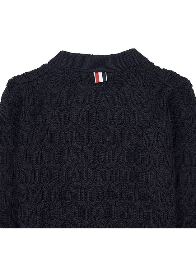 Merino Wool Crisscross Cable Stitch 3/4 Sleeve V-Neck Cardigan Navy - THOM BROWNE - BALAAN 9