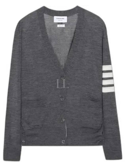 Sustainable Fine Merino Wool 4-Bar Relaxed Fit V-Neck Cardigan Medium Grey - THOM BROWNE - BALAAN 2