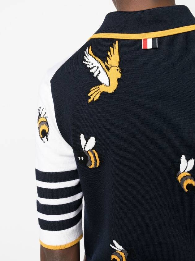 Fun-Mix Cotton Merino Birds and Bees 4-Bar Polo Shirt Tonal Grey - THOM BROWNE - BALAAN 7