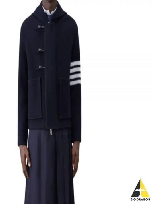 Boiled Wool Half Cardigan Stitched Hooded 4 Bar Double Jacket Navy - THOM BROWNE - BALAAN 2