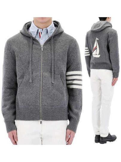 Men's Intarsia 4 Bar Merino Jersey Hooded Zip Up Medium Grey - THOM BROWNE - BALAAN 2