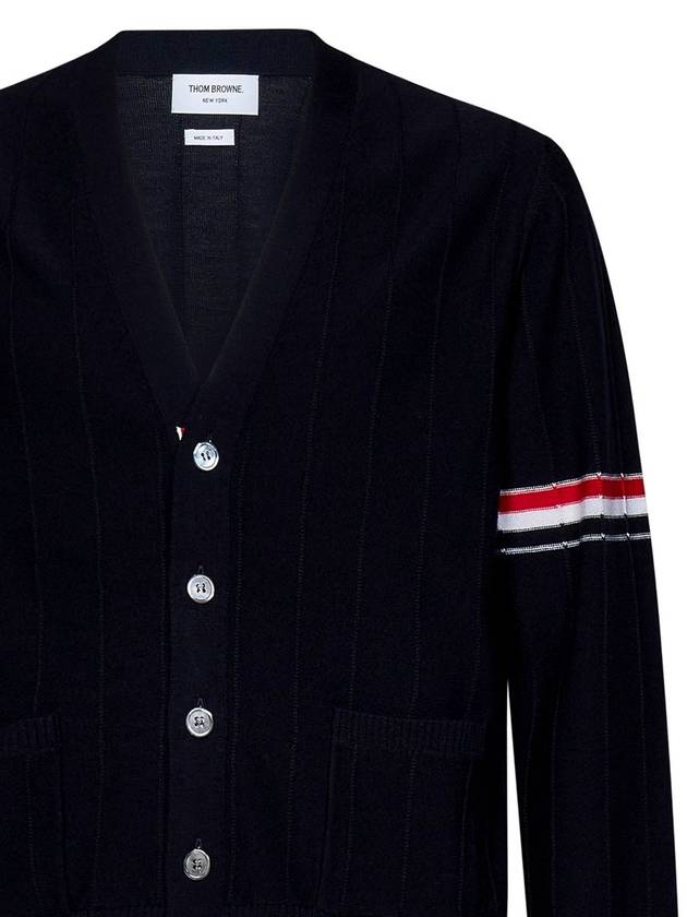 RWB V-neck Striped Virgin Wool Cardigan Navy - THOM BROWNE - BALAAN 4