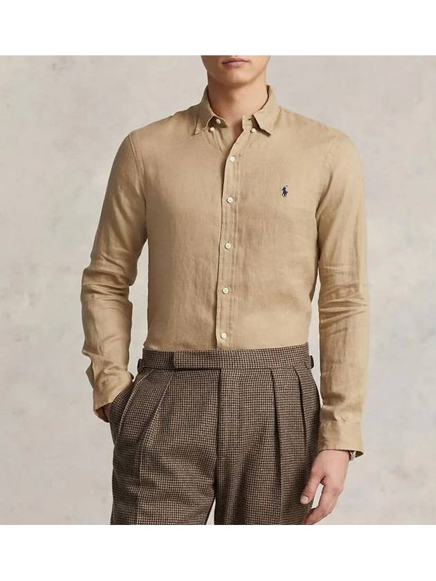 Embroidered Logo Linen Long Sleeve Shirt Brown - POLO RALPH LAUREN - BALAAN 3