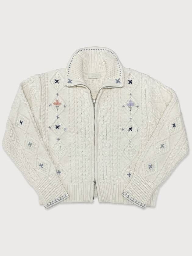 Alps Knit Zip up Cardigan Flower Stitched by Hand IVORY Women s Embroidery - RUBATI - BALAAN 3