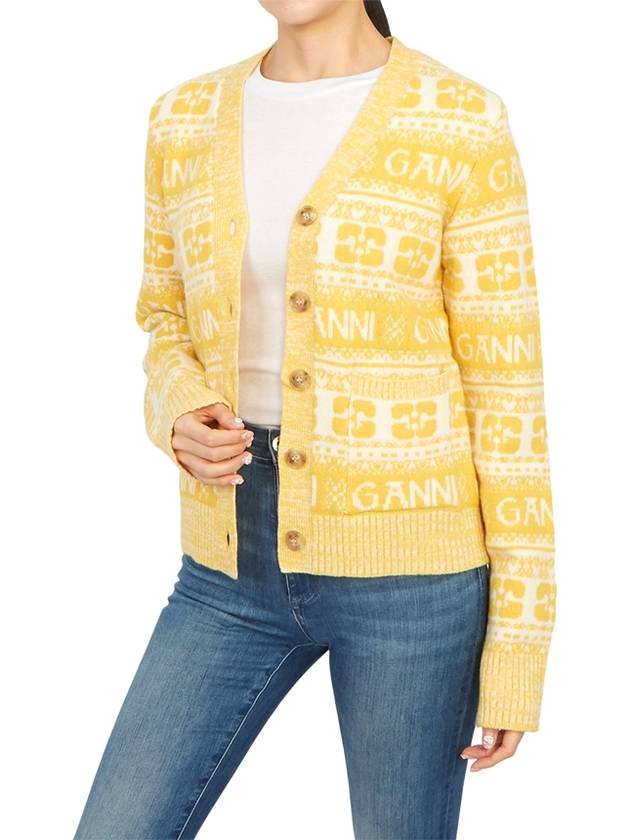 Intarsia Logo Wool V-Neck Cardigan Yellow - GANNI - BALAAN 6