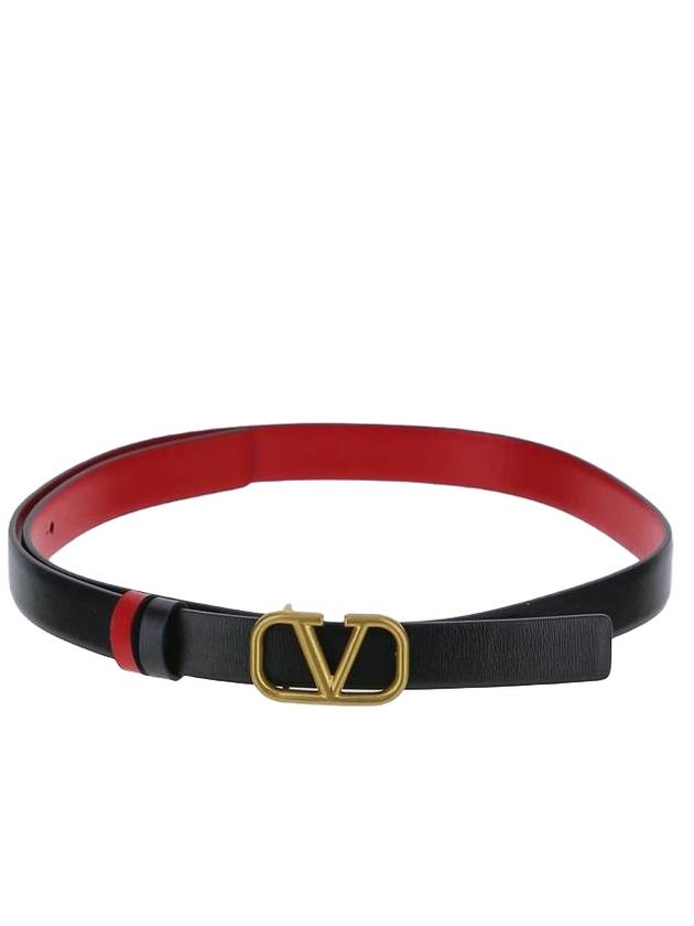 Women's Metal V Logo Buckle Leather Belt Black Red - VALENTINO - BALAAN 1