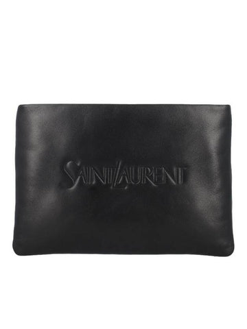 Embossed Logo Small Puffy Lamb Leather Clutch Bag Black - SAINT LAURENT - BALAAN 1