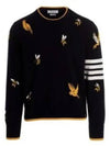 Cotton Merino Birds & Bees Intrasia 4 Bar Crew Neck Pullover Knit Top Navy - THOM BROWNE - BALAAN 2