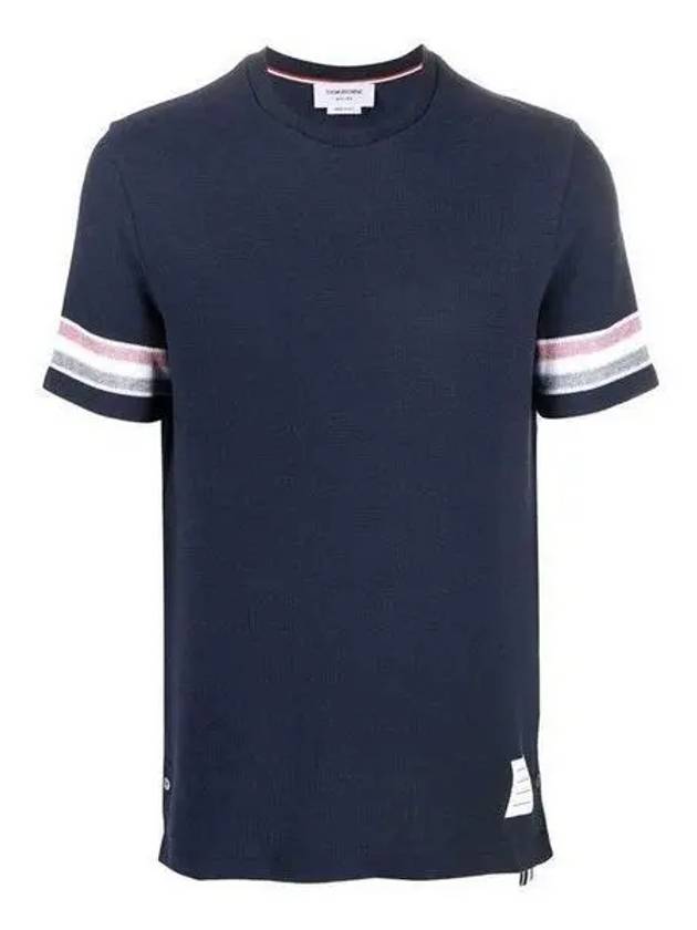 Textured Cotton Stripe Short Sleeve T-Shirt Navy - THOM BROWNE - BALAAN 2