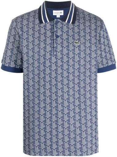 Monogram Motif Contrast Collar Classic Fit Polo Shirt Blue - LACOSTE - BALAAN 1