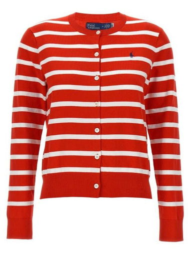 Embroidery Logo Striped Crew Neck Cardigan Red - POLO RALPH LAUREN - BALAAN 1