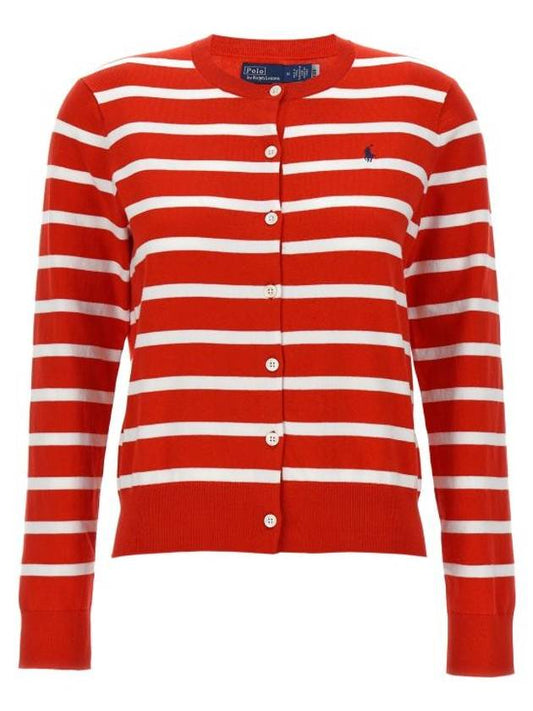 Embroidery  Logo Striped Crew Neck Cardigan Red - POLO RALPH LAUREN - BALAAN 1