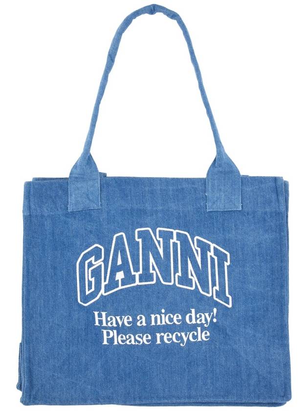 Embroidered Logo Large Denim Tote Bag Blue - GANNI - BALAAN 3