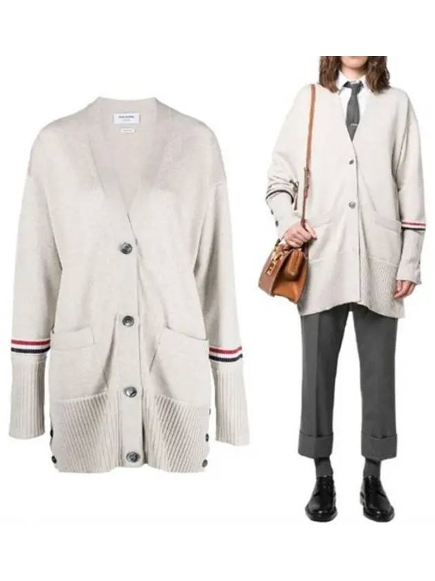 Merino Wool Stripe Exaggerated V-Neck Cardigan Neutrals - THOM BROWNE - BALAAN 2