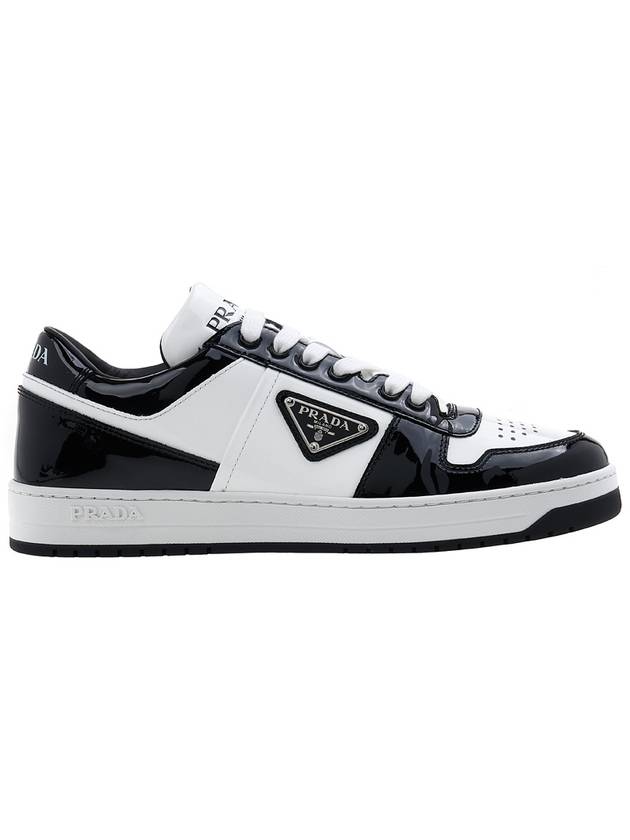 Men's Downtown Triangle Logo Leather Low Top Sneakers White Black - PRADA - BALAAN 3